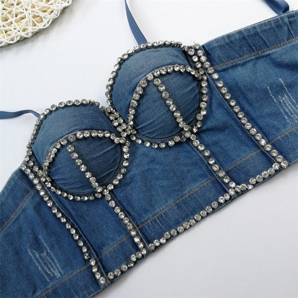 Only 22.19 usd for Autumn Lingerie Sexy Denim Rhinestone Women Cropped Top  Corset Crop Tank Top Push Up Bustier Camis Built in Bra Online at the Shop